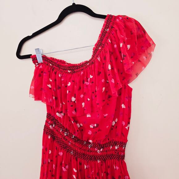 New Joie Hafsa Silk One Shoulder Midi Dress Red Floral Asymmetric Women's Size S - Picture 8 of 13